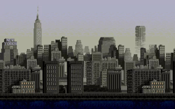 HD PC desktop wallpaper featuring an 8-bit pixel art cityscape of New York with the Empire State Building and surrounding buildings in grayscale tones.