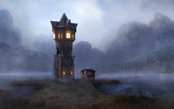 A mystical fantasy building stands illuminated amidst misty mountains, captured in stunning 4K Ultra HD detail as a PC desktop wallpaper.