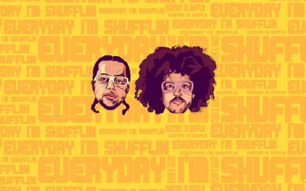 HD desktop wallpaper featuring stylized graphics of two LMFAO members with a yellow Everyday I'm shufflin' text background.