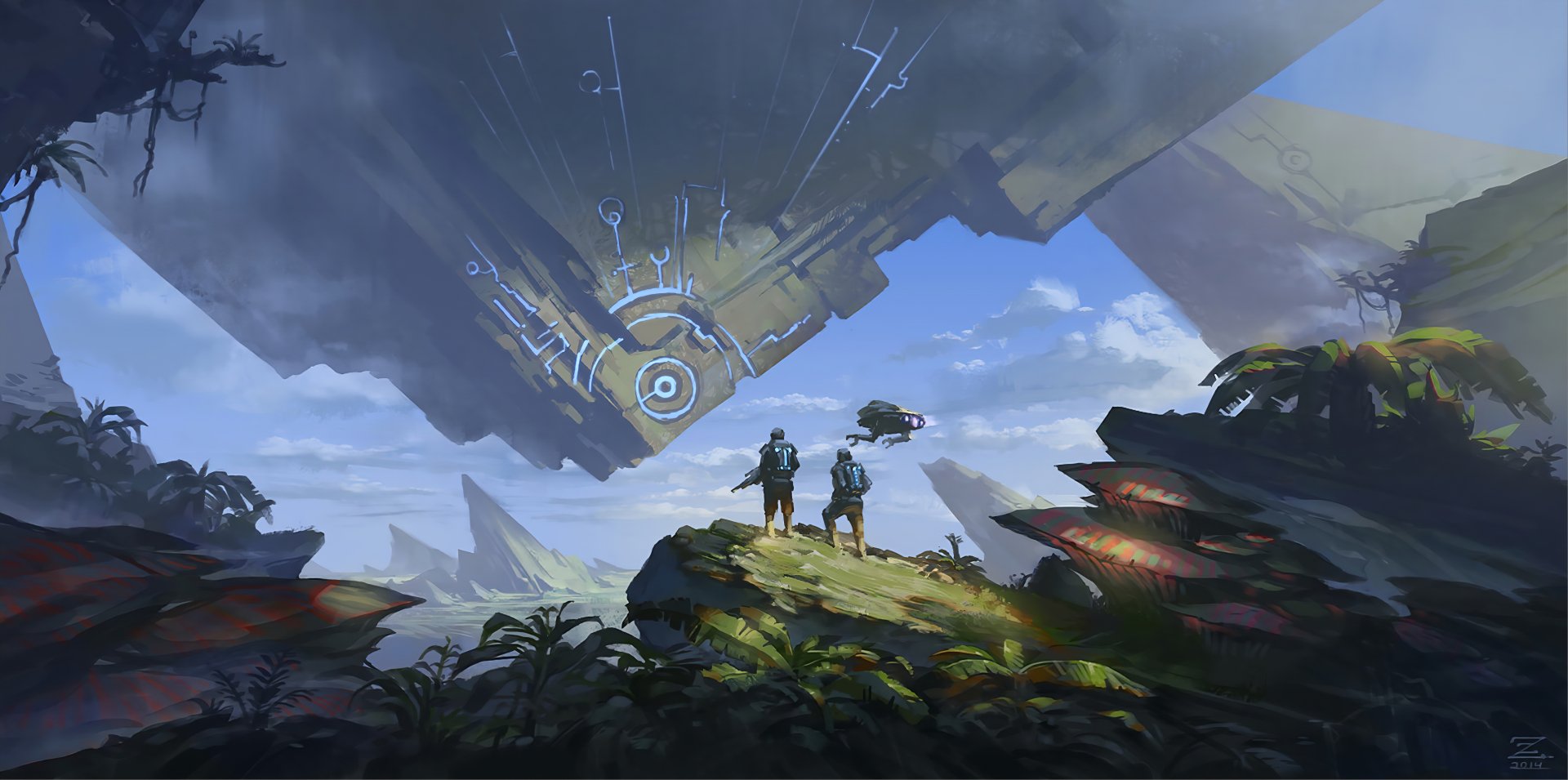 A 4K Ultra HD sci-fi landscape features two explorers on a rocky hill beneath a massive, glowing futuristic spacecraft in a vast, alien terrain.