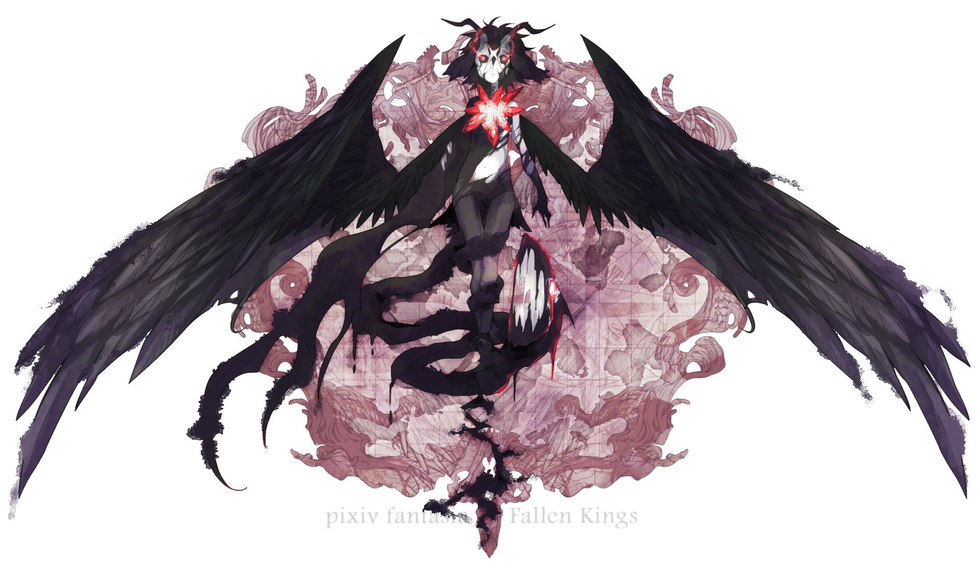 Anime-style HD PC desktop wallpaper from Pixiv Fantasia Fallen Kings, featuring a dark winged figure with an intricate, smoky background design.