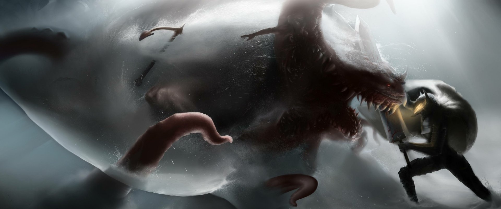 Anime Berserk 2K Quad HD PC desktop wallpaper: a shadowy, snarling wolf-like demon with glowing eyes and writhing tentacles looming over a lone swordsman in fog.