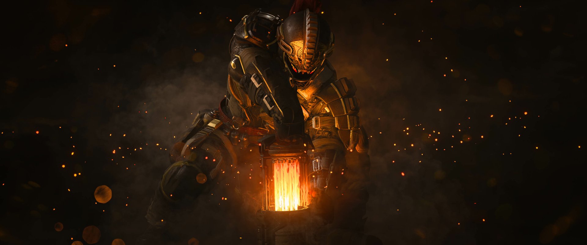 Call Of Duty: Black Ops 4 2K Quad HD PC desktop wallpaper and background: armored soldier crouched holding a glowing lantern amid sparks and a smoky orange-black battlefield.