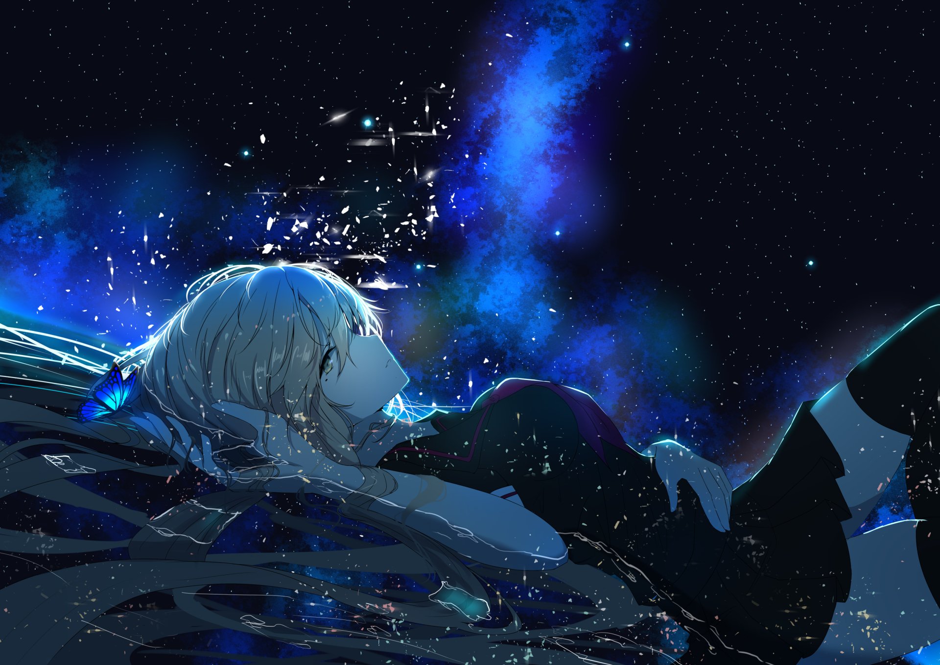 HD desktop wallpaper featuring the anime Vocaloid Stardust, showing a character with light hair lying against a backdrop of a starry, cosmic sky.