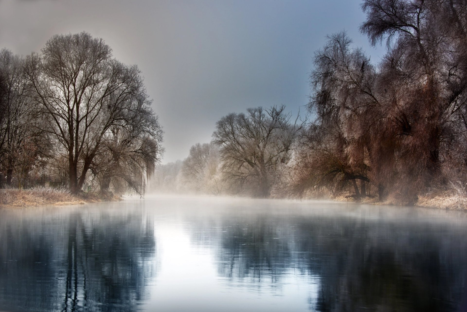 Fog gently rises over a calm river surrounded by bare trees in a serene natural landscape, captured in HD for a desktop wallpaper and background.