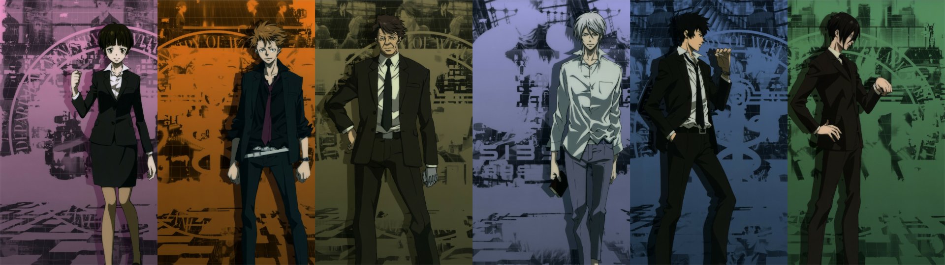 Psycho‑Pass anime HD PC desktop wallpaper and background: four characters in suits and casual wear stand against orange, olive, purple and blue color-blocked urban panels.