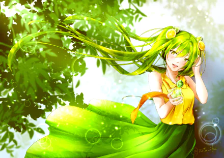 Anime-style 4K Ultra HD PC desktop wallpaper of Vocaloid Hatsune Miku with flowing long green hair, wearing a yellow-green dress, smiling amid sunlit leaves and soft bokeh.