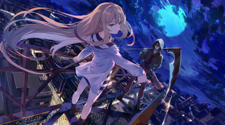HD desktop wallpaper of Zack and Rachel Gardner from the anime Satsuriku no Tenshi (Angels of Death), featuring them standing on a rooftop against a night sky with a full moon in the background.