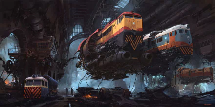 HD wallpaper featuring multiple futuristic trains suspended in an expansive, cyberpunk-style vehicle bay, with a moody, industrial ambiance.