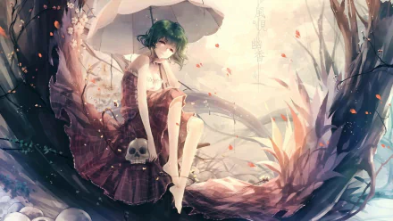 Yuuka Kazami (Touhou) anime HD PC desktop wallpaper and background — green-haired girl with umbrella in a dark dress, seated among flowers and a skull in a dreamy, pastel forest.