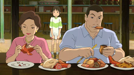 Studio Ghibli Spirited Away anime HD desktop wallpaper: a wide-eyed girl watches from behind as her parents greedily devour a lavish seafood feast in a cozy wooden restaurant.