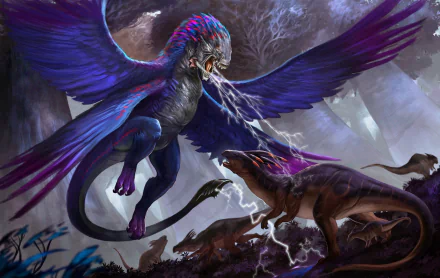 HD fantasy PC desktop wallpaper depicting a fierce dragon with purple wings unleashing lightning breath on a dinosaur-like creature in a stormy, mystical forest setting.