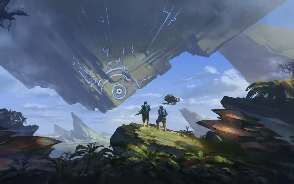 A 4K Ultra HD sci-fi landscape features two explorers on a rocky hill beneath a massive, glowing futuristic spacecraft in a vast, alien terrain.