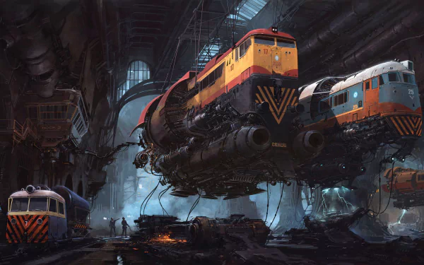 HD wallpaper featuring multiple futuristic trains suspended in an expansive, cyberpunk-style vehicle bay, with a moody, industrial ambiance.