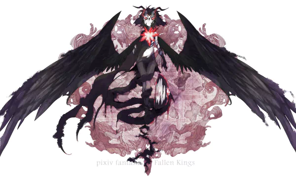 Anime-style HD PC desktop wallpaper from Pixiv Fantasia Fallen Kings, featuring a dark winged figure with an intricate, smoky background design.