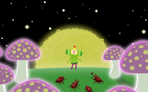 HD desktop wallpaper of Katamari Damacy Reroll featuring the Prince with his katamari among mushrooms and stars.