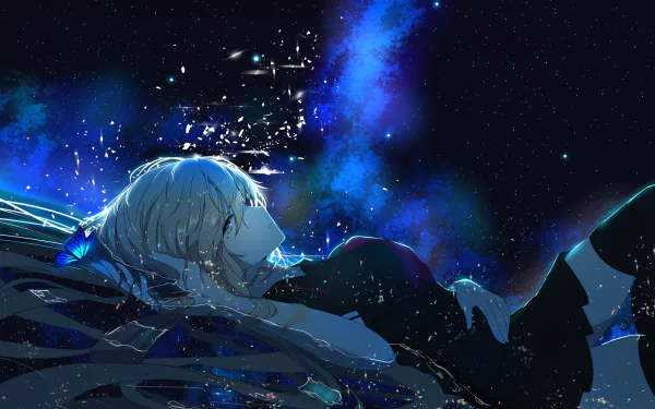 HD desktop wallpaper featuring the anime Vocaloid Stardust, showing a character with light hair lying against a backdrop of a starry, cosmic sky.