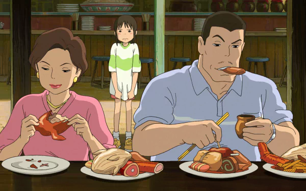Studio Ghibli Spirited Away anime HD desktop wallpaper: a wide-eyed girl watches from behind as her parents greedily devour a lavish seafood feast in a cozy wooden restaurant.