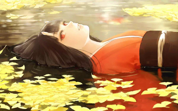 HD desktop wallpaper featuring an anime oni lying in water surrounded by colorful fall leaves. The soft, serene scene blends nature and fantasy, creating a calming visual experience.