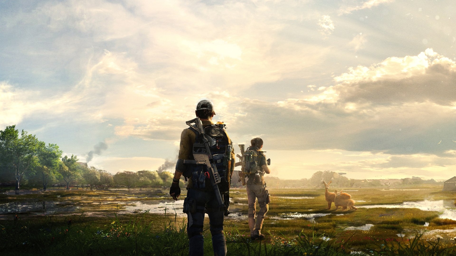 4K Ultra HD wallpaper featuring two armed characters and a dog in a serene, open landscape from the video game Tom Clancy's The Division 2.