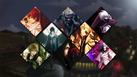 HD PC desktop wallpaper featuring key Naruto characters including Jiraiya, Gaara, Minato Namikaze, Madara Uchiha, Obito Uchiha, Kakashi Hatake, Sasuke Uchiha, and Naruto Uzumaki.