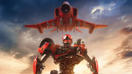 8K Ultra HD wallpaper featuring Shatter from the Transformers movie, standing confidently with a red jet soaring overhead against a dramatic sky backdrop.