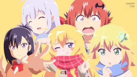2K anime desktop wallpaper of Gabriel Tenma White, Tapris Sugarbell Chisaki, Raphiel Shiraha Ainsworth, Vignette Tsukinose April and Satanichia Kurumizawa McDowell from Gabriel DropOut posing cheerfully.