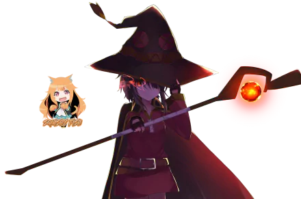 HD PC desktop wallpaper featuring Megumin from the anime KonoSuba - God’s blessing on this wonderful world!!, showcasing her iconic witch hat and glowing staff.