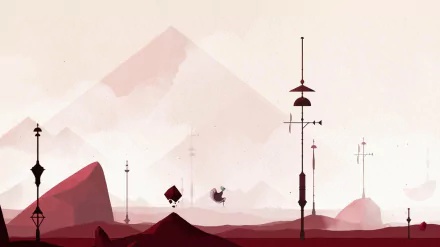 A stunning HD desktop wallpaper from the video game Gris, featuring abstract landscapes with muted red tones, rocky formations, and minimalist structures against a soft, dreamy backdrop.