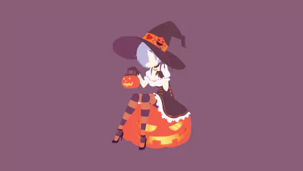 HD Halloween-themed PC wallpaper featuring Rem from Re:ZERO dressed as a witch, sitting on a pumpkin with a jack-o'-lantern bucket, blending anime and spooky vibes.