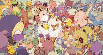 HD PC desktop wallpaper featuring a vibrant gathering of Pokémon characters, including Pikachu, in a lively video game-inspired scene.