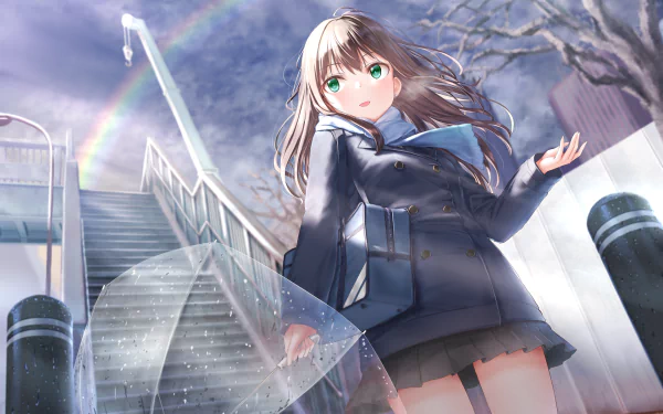 Rin Shibuya — The iDOLM@STER Cinderella Girls — HD PC desktop wallpaper: green-eyed girl in a navy coat holding a translucent umbrella in the rain, rainbow and stairway behind her.