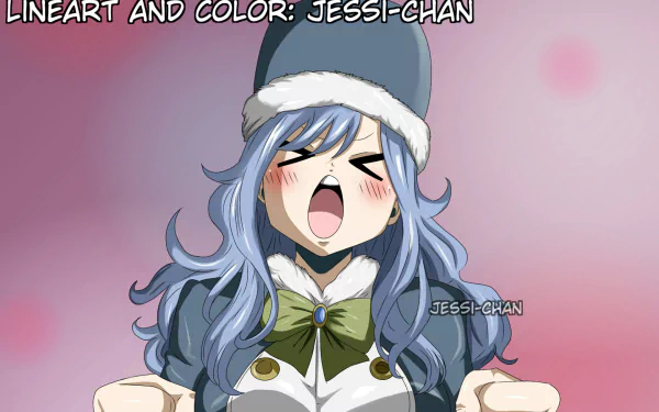 Juvia Lockser from Fairy Tail, anime-style HD PC desktop wallpaper: joyful, blushing blue-haired girl in winter hat and bow-tied outfit against a soft pink background.