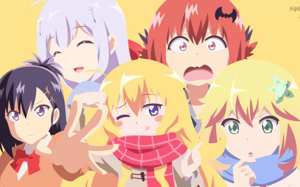 2K anime desktop wallpaper of Gabriel Tenma White, Tapris Sugarbell Chisaki, Raphiel Shiraha Ainsworth, Vignette Tsukinose April and Satanichia Kurumizawa McDowell from Gabriel DropOut posing cheerfully.