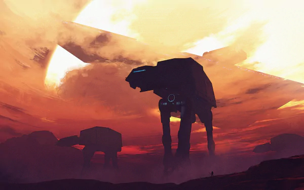 HD PC desktop wallpaper featuring a dramatic Star Wars scene with AT-AT Walkers against a fiery sci-fi sunset sky.