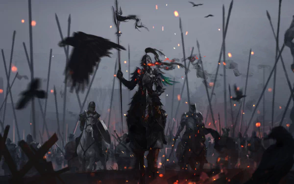HD wallpaper of a fantasy warrior knight on a horse, leading an army with spears amidst a dramatic, dark battlefield. Ravens fly overhead as fire and embers illuminate the chaotic scene.