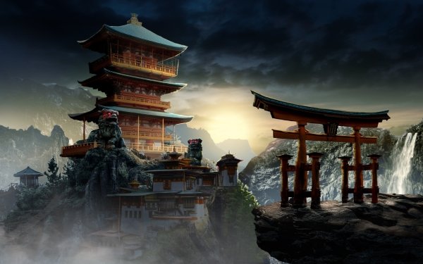 Fantasy Oriental Building Statue HD Wallpaper | Background Image