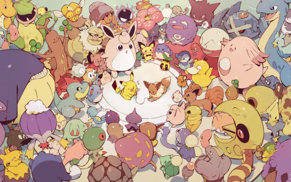 HD PC desktop wallpaper featuring a vibrant gathering of Pokémon characters, including Pikachu, in a lively video game-inspired scene.