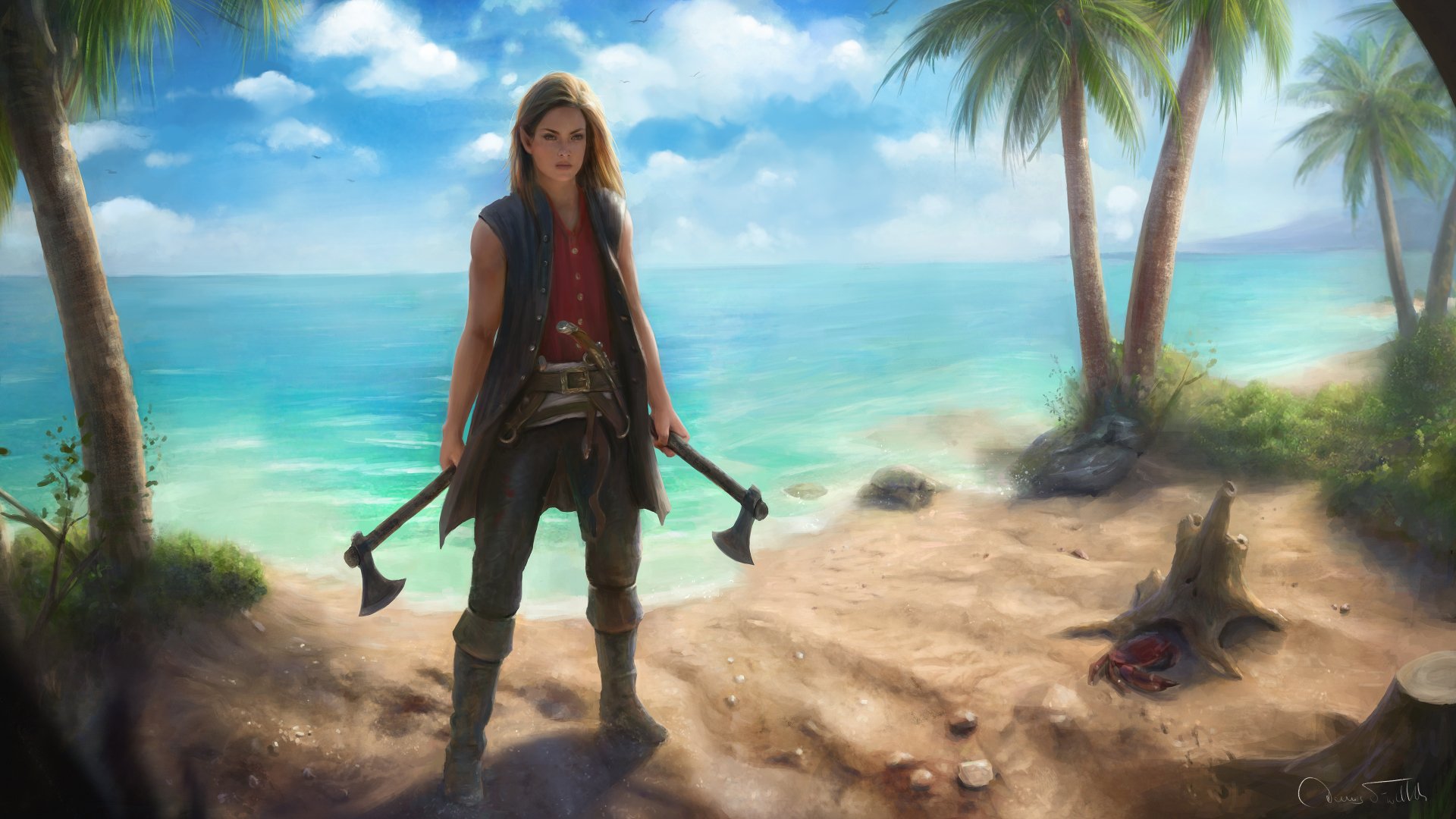 4K Ultra HD PC desktop wallpaper: an elf woman warrior pirate on a sunlit tropical beach, dual axes in hand, waves and palm trees behind her.