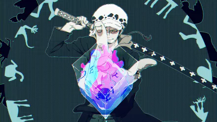 HD desktop wallpaper featuring Trafalgar Law from One Piece, wielding a sword and using his powers, set against a dark background with blue and pink hues.