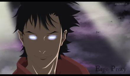 Vincent Law (Ergo Proxy) with glowing eyes against a purple-gray stormy sky — anime 2K Quad HD PC desktop wallpaper/background.