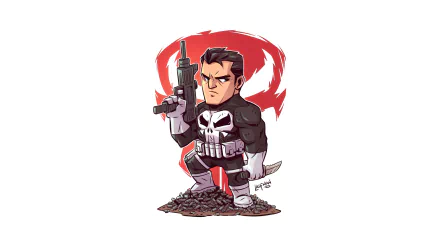 HD PC desktop wallpaper of a comic-style Punisher holding a gun, standing on a pile of skulls with a red skull emblem backdrop.
