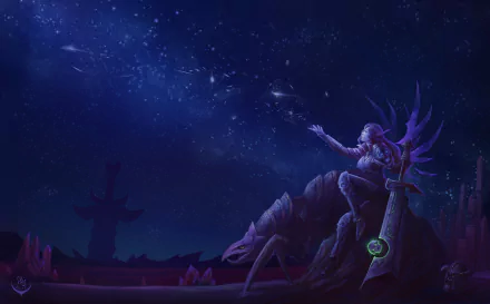 World of Warcraft: Battle for Azeroth night scene — female warrior with a sword perched atop a giant fallen creature under a starry sky; 8K Ultra HD PC wallpaper.