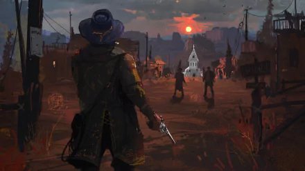 A HD desktop wallpaper and background from the video game Red Dead Redemption 2, depicting a Western scene with a gunslinger in a dusty town at sunset.