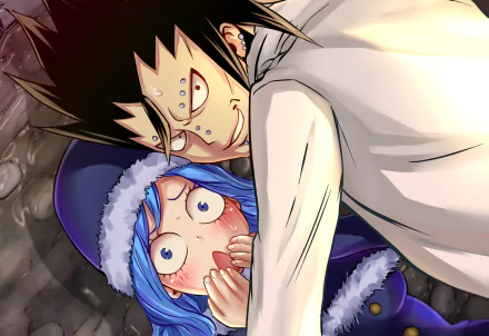 HD PC desktop wallpaper featuring anime characters Juvia Lockser and Gajeel Redfox from Fairy Tail in a close, dynamic scene.