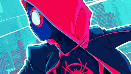 HD desktop wallpaper featuring Miles Morales as Spider-Man from the movie Spider-Man: Into The Spider-Verse, wearing his signature red and black suit with a red hood against a cityscape background.