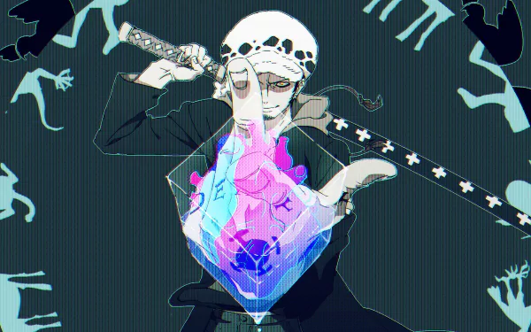 HD desktop wallpaper featuring Trafalgar Law from One Piece, wielding a sword and using his powers, set against a dark background with blue and pink hues.