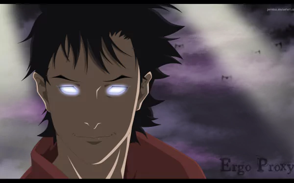 Vincent Law (Ergo Proxy) with glowing eyes against a purple-gray stormy sky — anime 2K Quad HD PC desktop wallpaper/background.