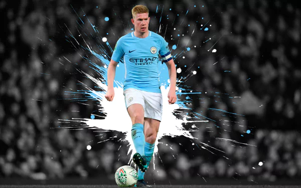 Kevin De Bruyne in a Manchester City F.C. soccer jersey, showcasing his Belgian pride. This HD desktop wallpaper captures the essence of sports.