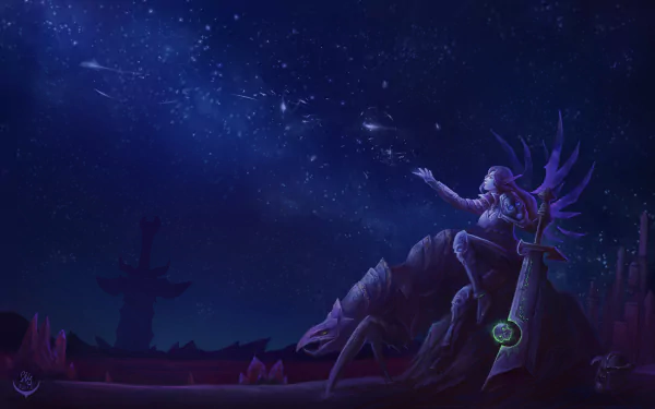 World of Warcraft: Battle for Azeroth night scene — female warrior with a sword perched atop a giant fallen creature under a starry sky; 8K Ultra HD PC wallpaper.